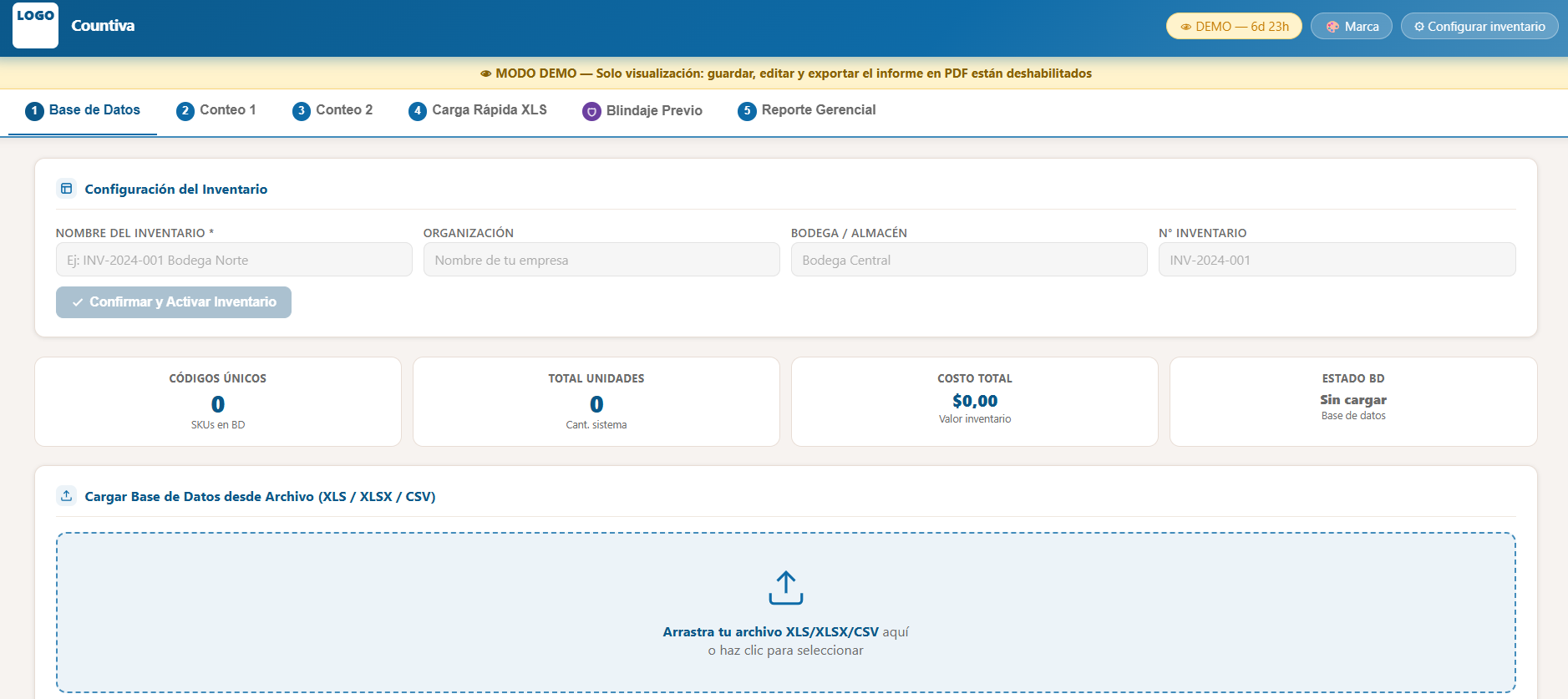 Pantalla de base de datos de Countiva